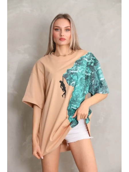 Unisex Bisiklet Yaka Baskılı Oversize T-Shirt - Bej