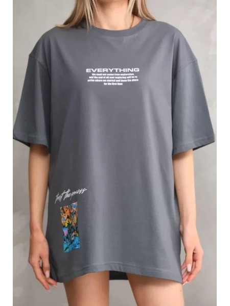Unisex Bisiklet Yaka Baskılı Oversize T-Shirt - Gri