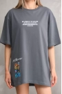 Unisex Bisiklet Yaka Baskılı Oversize T-Shirt - Gri
