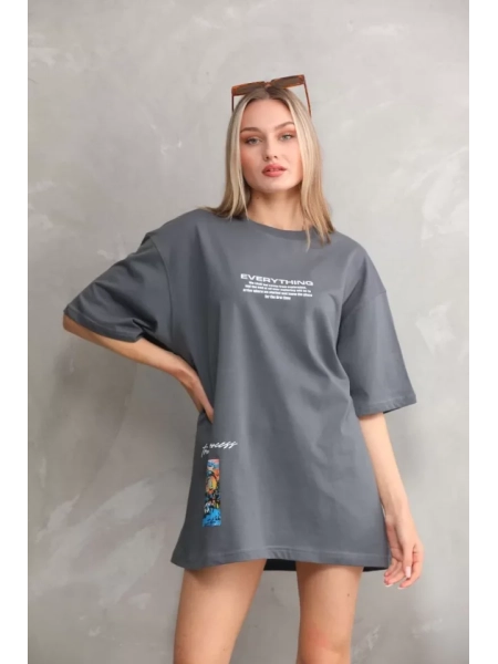 Unisex Bisiklet Yaka Baskılı Oversize T-Shirt - Gri