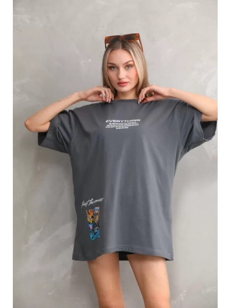 Unisex Bisiklet Yaka Baskılı Oversize T-Shirt - Gri