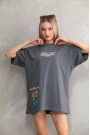 Unisex Bisiklet Yaka Baskılı Oversize T-Shirt - Gri