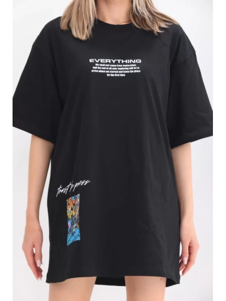 Unisex Bisiklet Yaka Baskılı Oversize T-Shirt - Siyah