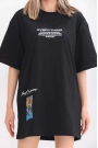 Unisex Bisiklet Yaka Baskılı Oversize T-Shirt - Siyah