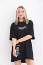 Unisex Bisiklet Yaka Baskılı Oversize T-Shirt - Siyah