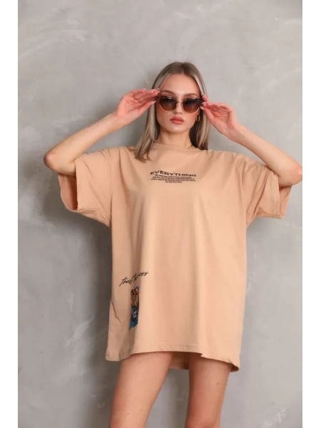 Unisex Bisiklet Yaka Baskılı Oversize T-Shirt - Bej