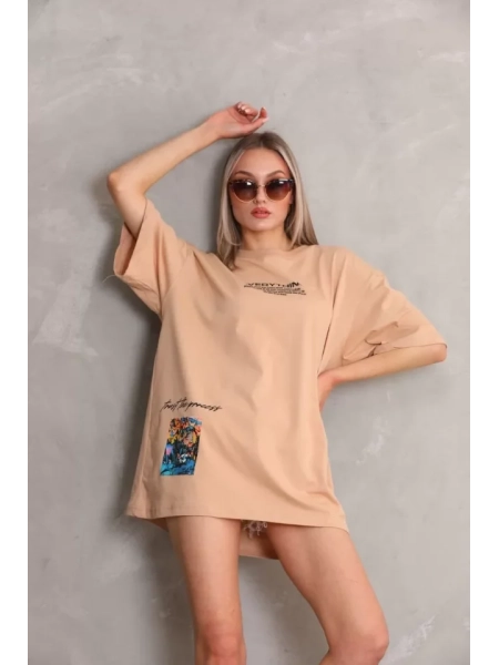 Unisex Bisiklet Yaka Baskılı Oversize T-Shirt - Bej
