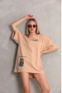 Unisex Bisiklet Yaka Baskılı Oversize T-Shirt - Bej