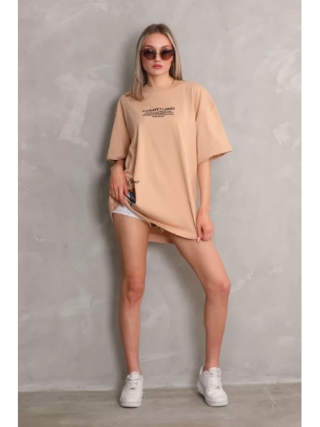 Unisex Bisiklet Yaka Baskılı Oversize T-Shirt - Bej
