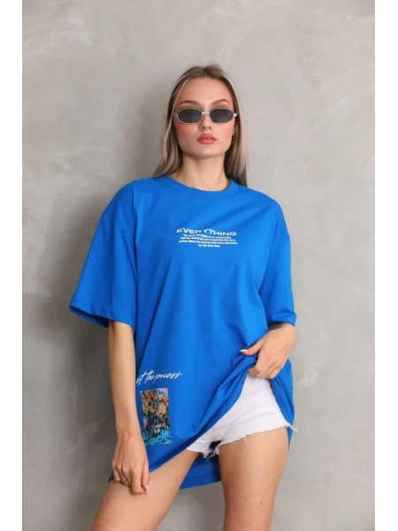 Unisex Bisiklet Yaka Baskılı Oversize T-Shirt - Mavi