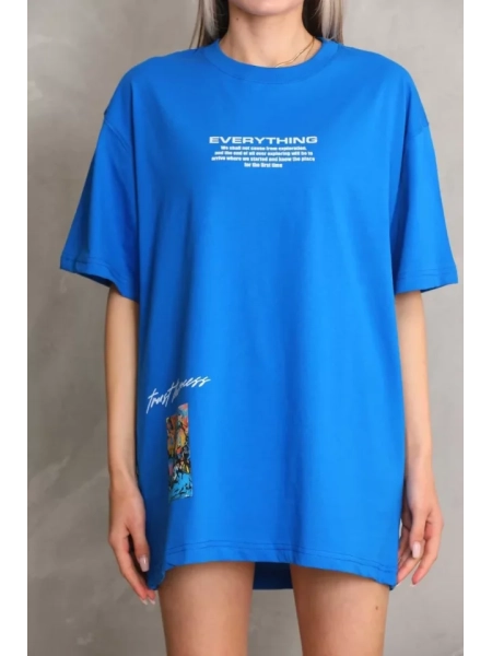 Unisex Bisiklet Yaka Baskılı Oversize T-Shirt - Mavi