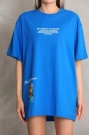 Unisex Bisiklet Yaka Baskılı Oversize T-Shirt - Mavi
