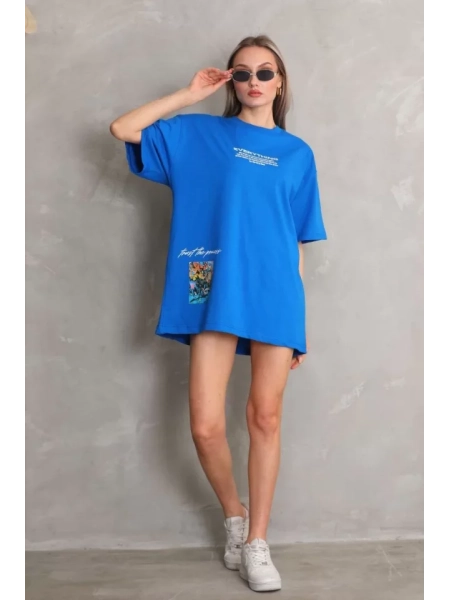 Unisex Bisiklet Yaka Baskılı Oversize T-Shirt - Mavi