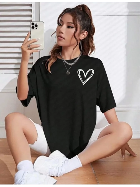 Bisiklet Yaka Baskılı Oversize T-Shirt - Siyah