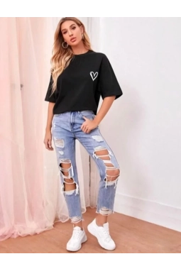Bisiklet Yaka Baskılı Oversize T-Shirt - Siyah