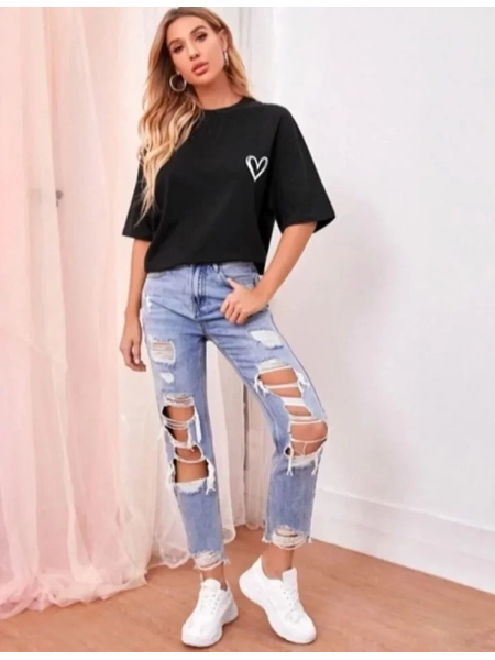 Bisiklet Yaka Baskılı Oversize T-Shirt - Siyah