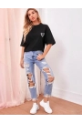 Bisiklet Yaka Baskılı Oversize T-Shirt - Siyah