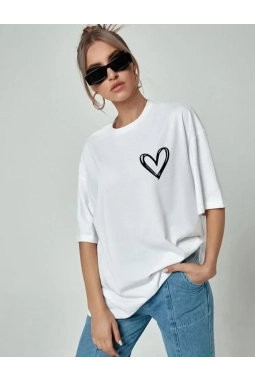 Bisiklet Yaka Baskılı Oversize T-Shirt - Beyaz