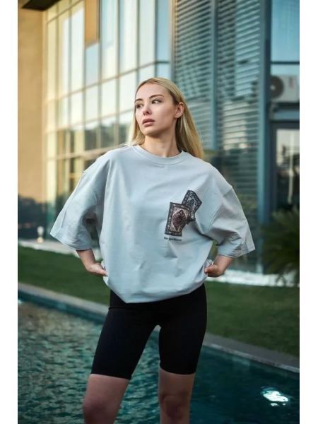 Unisex Bisiklet Yaka Baskılı Oversize T-Shirt - Boyalı Gri