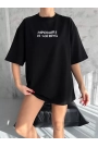 Unisex Bisiklet Yaka Baskılı Oversize T-Shirt - Siyah