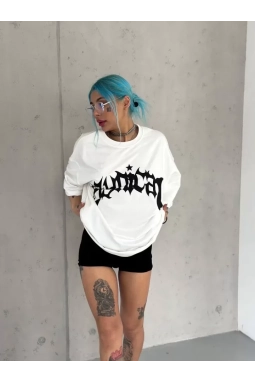 Unisex Bisiklet Yaka Baskılı Oversize T-Shirt - Beyaz