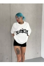 Unisex Bisiklet Yaka Baskılı Oversize T-Shirt - Beyaz