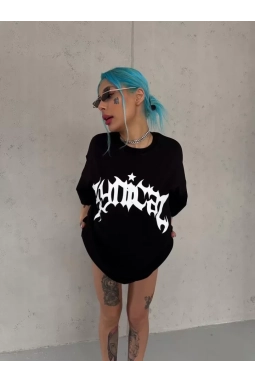 Unisex Bisiklet Yaka Baskılı Oversize T-Shirt - Siyah
