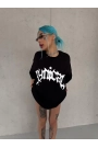 Unisex Bisiklet Yaka Baskılı Oversize T-Shirt - Siyah