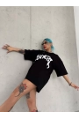 Unisex Bisiklet Yaka Baskılı Oversize T-Shirt - Siyah