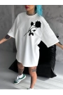 Unisex Bisiklet Yaka Baskılı Oversize T-Shirt - Beyaz