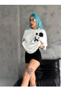 Unisex Bisiklet Yaka Baskılı Oversize T-Shirt - Beyaz