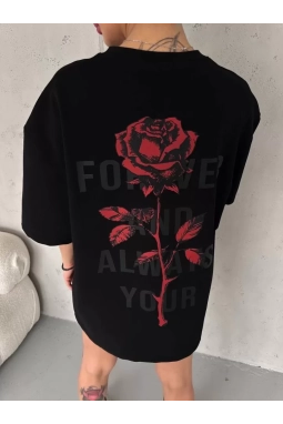 Unisex Bisiklet Yaka Baskılı Oversize T-Shirt - Siyah