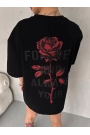 Unisex Bisiklet Yaka Baskılı Oversize T-Shirt - Siyah
