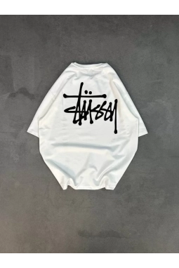 Unisex Bisiklet Yaka Baskılı Oversize T-Shirt - Beyaz