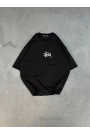 Unisex Bisiklet Yaka Baskılı Oversize T-Shirt - Siyah