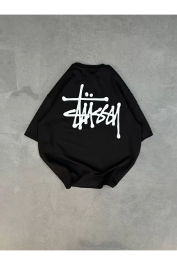 Unisex Bisiklet Yaka Baskılı Oversize T-Shirt - Siyah