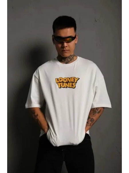 Unisex Bisiklet Yaka Baskılı Oversize T-Shirt - Beyaz