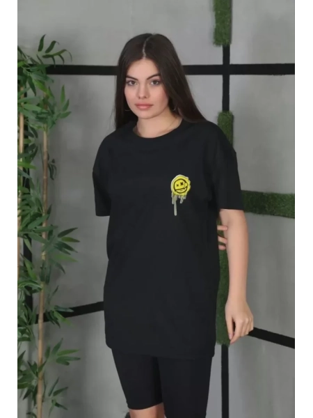Unisex Bisiklet Yaka Baskılı Oversize T-Shirt - Siyah