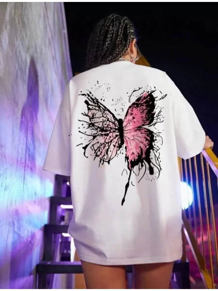 Unisex Baskılı Oversize T-Shirt - Beyaz