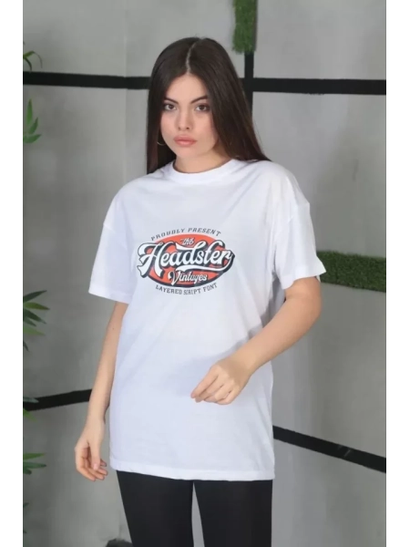 Unisex Baskılı Oversize T-Shirt - Beyaz