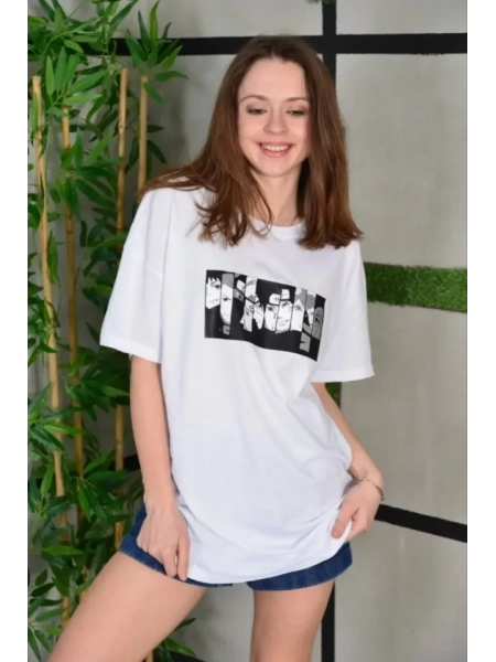 Unisex Bisiklet Yaka Baskılı Oversize T-Shirt - Beyaz