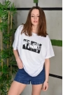 Unisex Bisiklet Yaka Baskılı Oversize T-Shirt - Beyaz
