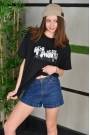 Unisex Bisiklet Yaka Baskılı Oversize T-Shirt - Siyah