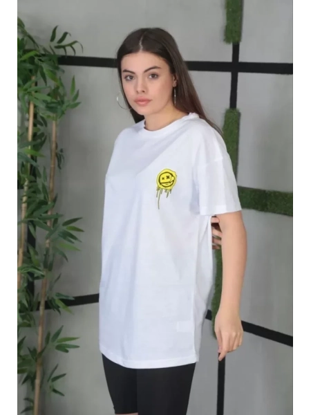 Unisex Bisiklet Yaka Baskılı Oversize T-Shirt - Beyaz