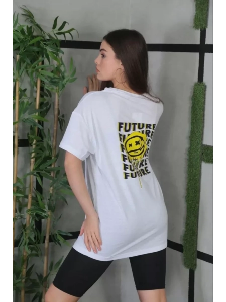 Unisex Bisiklet Yaka Baskılı Oversize T-Shirt - Beyaz