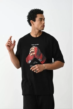 Unisex Baskılı Oversize T-Shirt - Siyah