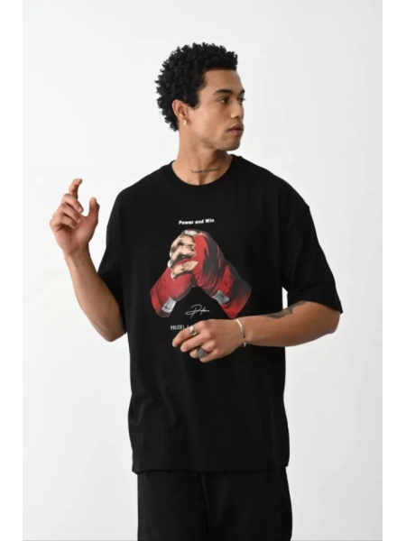 Unisex Baskılı Oversize T-Shirt - Siyah