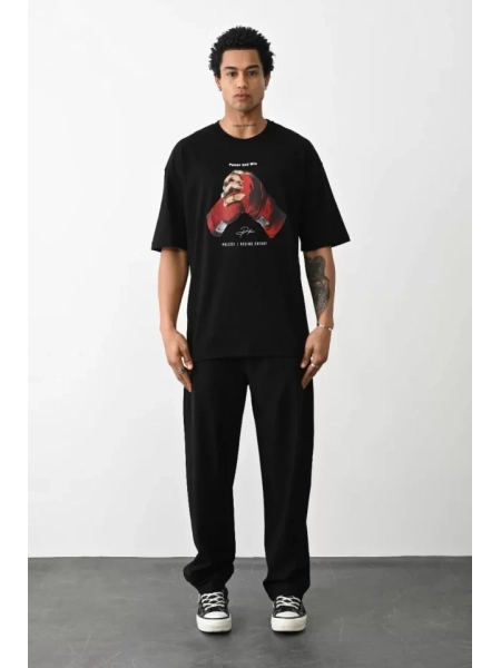 Unisex Baskılı Oversize T-Shirt - Siyah