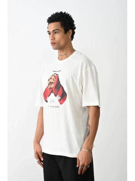 Unisex Baskılı Oversize T-Shirt - Beyaz