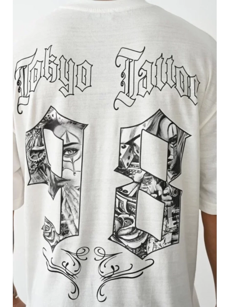 Unisex Baskılı Oversize T-Shirt - Beyaz